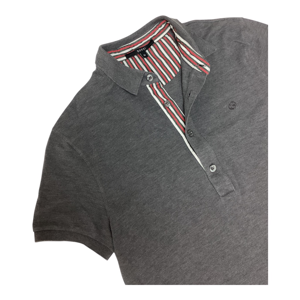 Gucci Men's Gray Short Sleeve Polo Shirt Striped Collar Size M